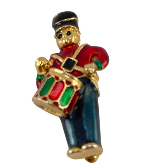 Vintage Holiday Drummer Boy Pin Brooch 1.75'' Enamel Christmas Jewelry - Picture 2 of 7